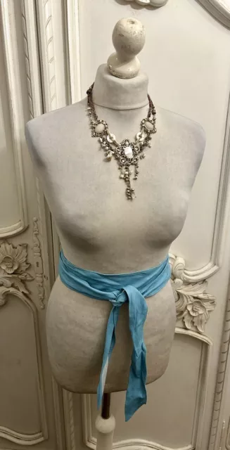 Vintage pale blue real leather waist tie obi wrap belt 10-16