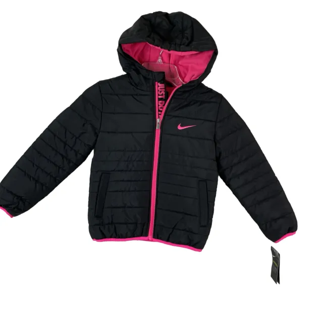 NWT- Nike Puffer Jacket Synthetic Fill Hooded Black Neon Pink Girls Size 6x
