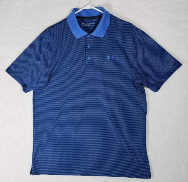 UA Under Armour Size L Polo Golf Shirt HeatGear Mens Short Sleeve Blue Striped