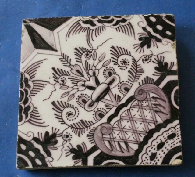 Charming Old Antique English Manganese Delft  Tile 18Th Century