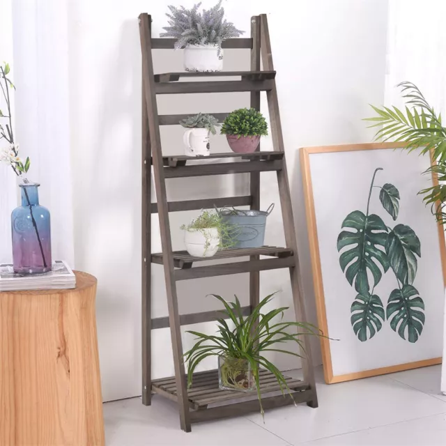 Folding Ladder Shelf Plant Stand 4 Tier Wooden Bookshelf Indoor Flower Pot Rack