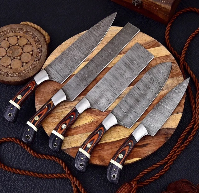 5 Peaces Of Custom Handmade Damascus Steel Chef Knife Set With Leather Roll Bag