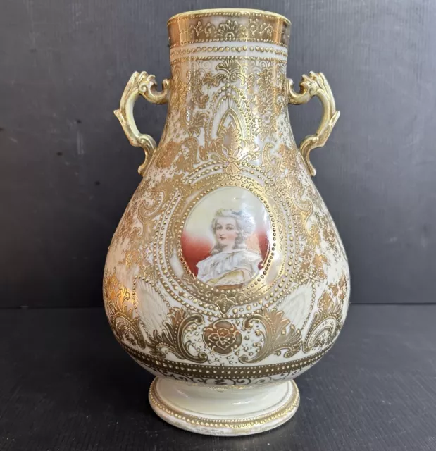 Antique Nippon Style Hand Painted Roses/  Portrait Gilded Jeweled Vase 11” T