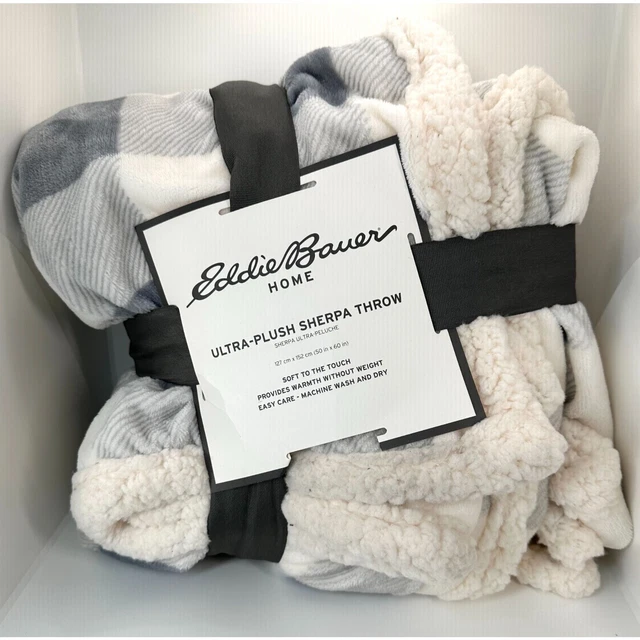 Eddie Bauer Cabin Ultra Plush Fleece Cozy Sherpa Throw Blanket Wrap Gray Plaid