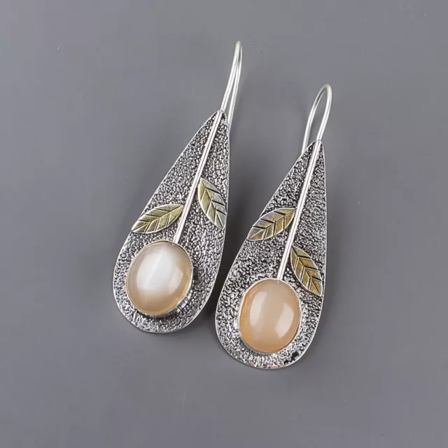 Natural Peach Moonstone Gemstone Drop/Dangle Earrings 925 Sterling Silver