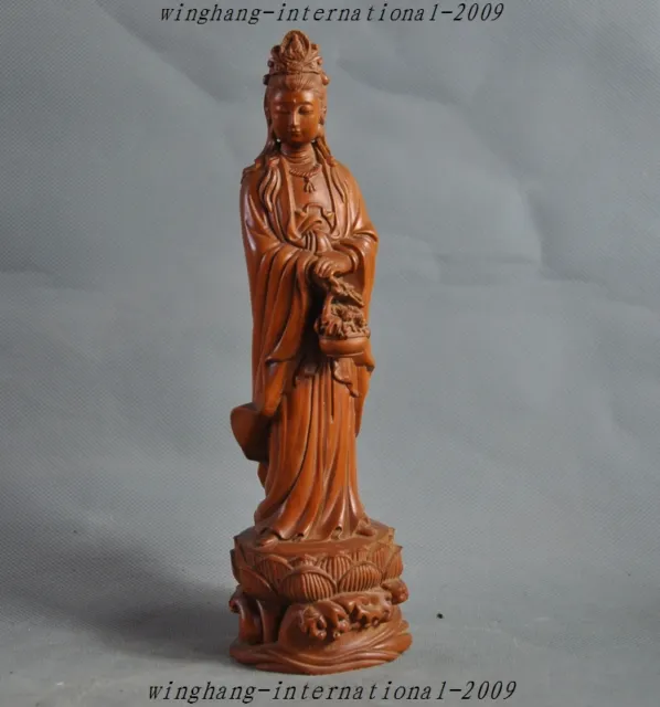 8" Chinese Boxwood wood hand carved Kwan-Yin GuanYin Bodhisattva buddha statue