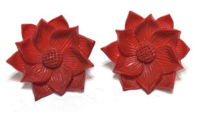 2 Vintage Red Plastic Bakelite Flower Curtain Pin Backs Tie Backs Push Pins