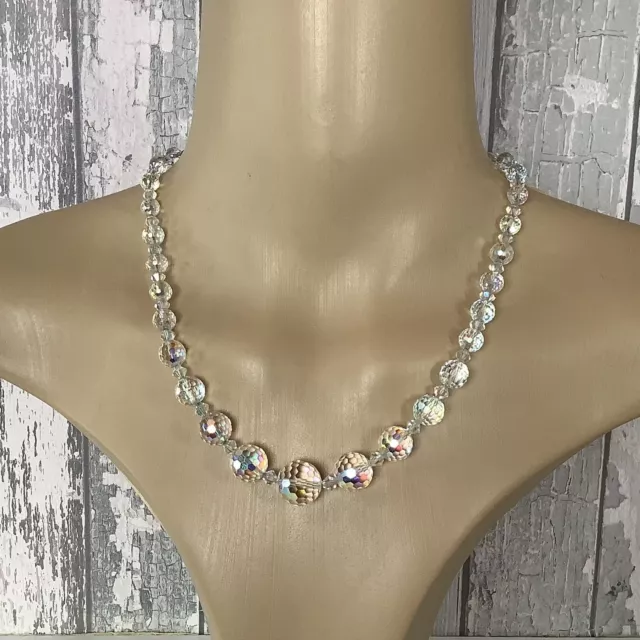 Vintage Aurora Borealis AB Crystal Glass Bead Necklace, Costume Jewellery, Hook