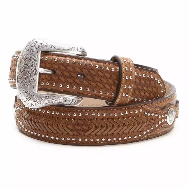 Nocona Western Mens Belt Ostrich Leather Weave Billets Laced Brown