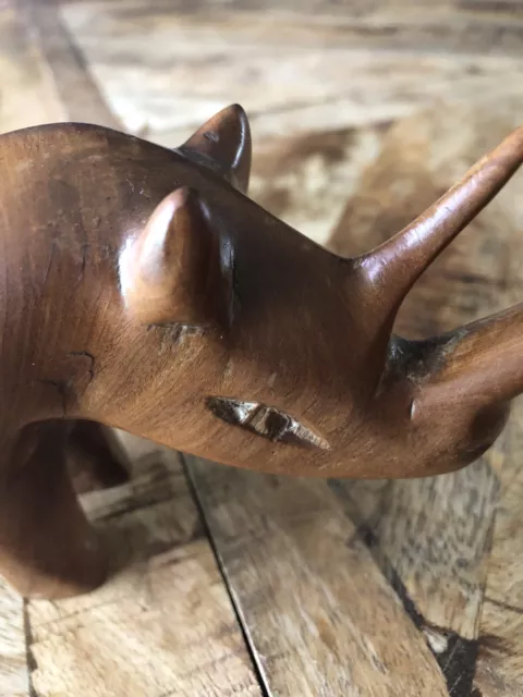 Vintage Hand Carved Solid Brown Wooden Wood Rhino Rhinoceros Figurine Ornament 2