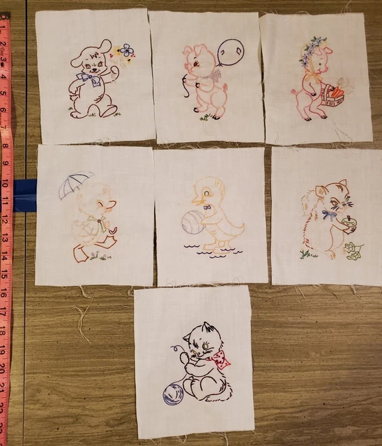 Hand Embroidered 7-6"x8" Panels Pig Dog Duck Squirrel Kitten Baby Theme A71