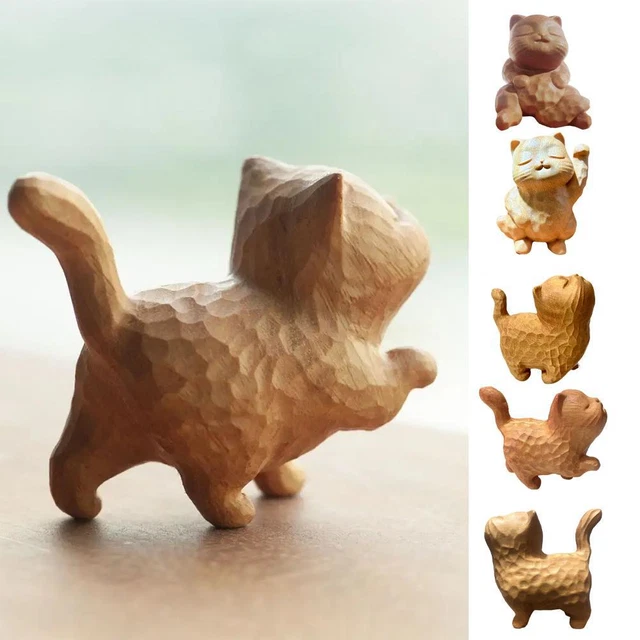 Chinese Boxwood Wood Hand Carved Cat Statue Netsuke Figure 2024