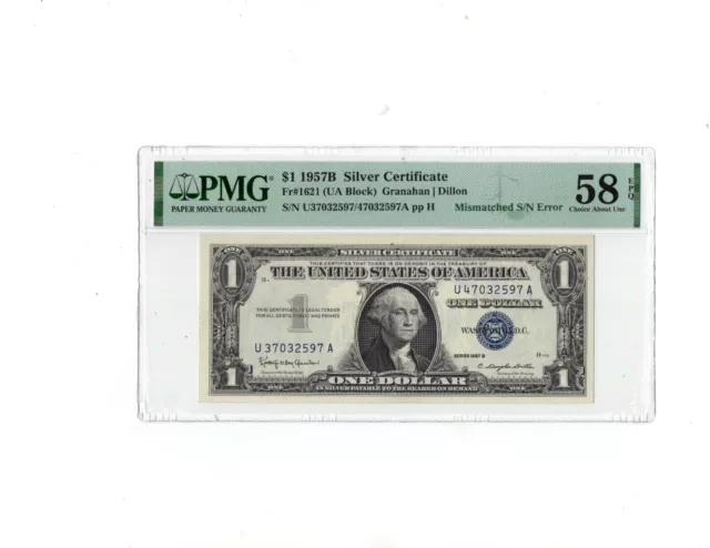$1 1957-B Silver Certificate Fr.1621 Error Note  Mismatched S/N PMG 58 EPQ