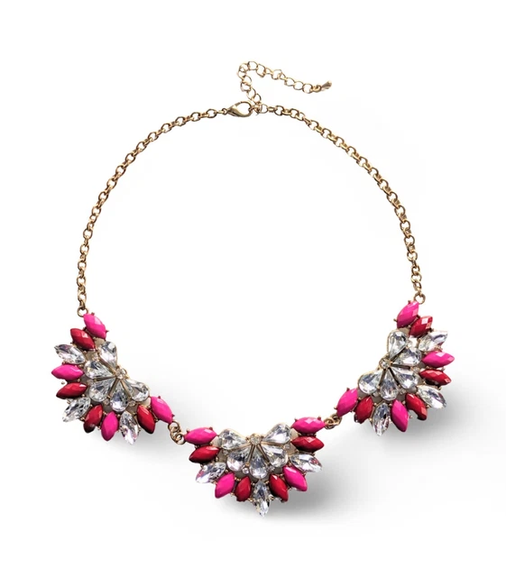 Gold Tone Floral Bib Necklace With Multicolor Acrylic Beads