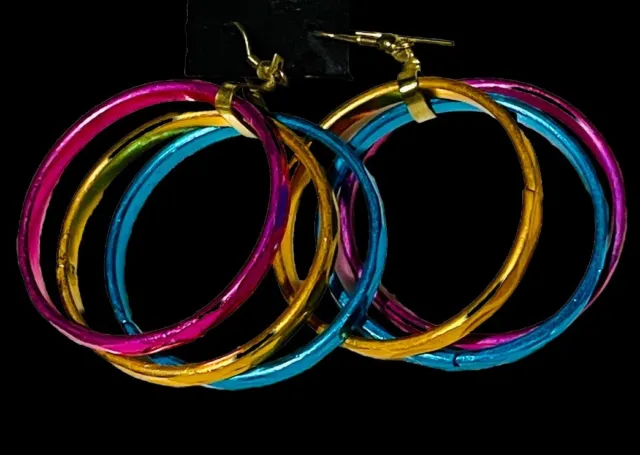 Vintage 80's BOLD rainbow pierced earrings Multi hoops Lightweight 1980s Vtg 🌈