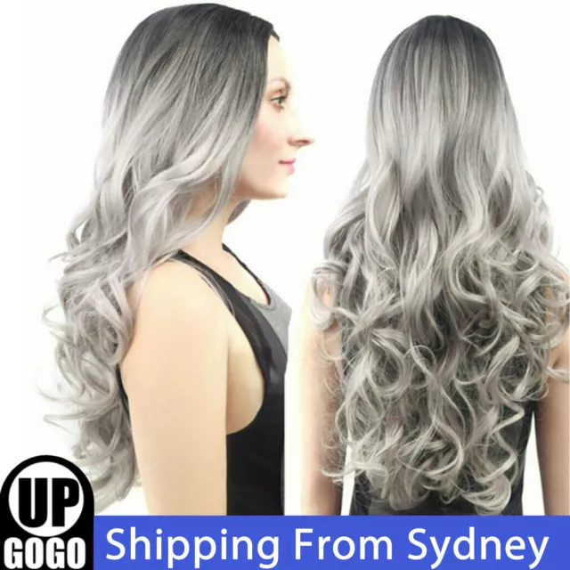 Women Gradient Grey Synthetic Hair Curly Wavy Wig Long Hair Wig Fashion 70CM New