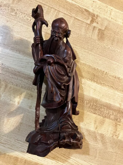 Chinese Antique Hand Carved Wooden Statue of Shou Lao God of Longevity