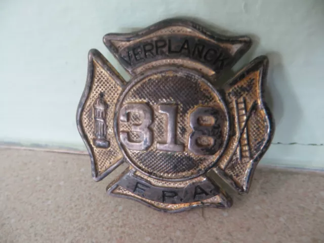 Obsolete early 1900's Verplanck NY Fire Dept. uniform hat badge Fire Protection