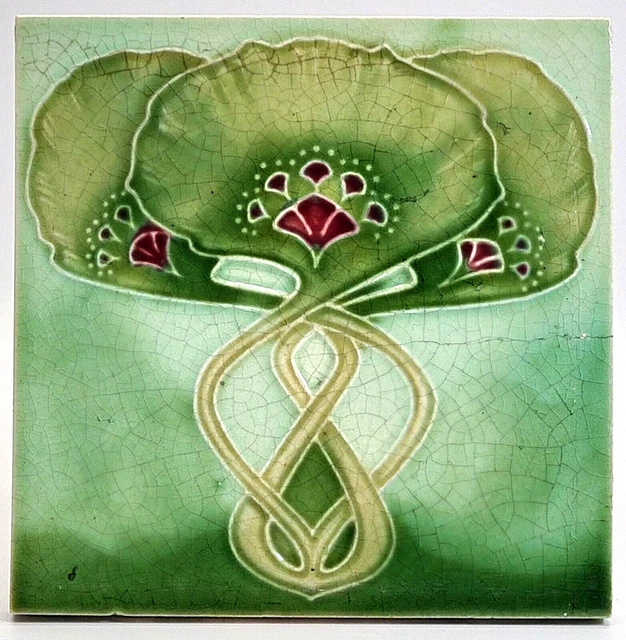 Antique Fireplace Tile Green Moulded Majolica Tile by Cleveland C1905