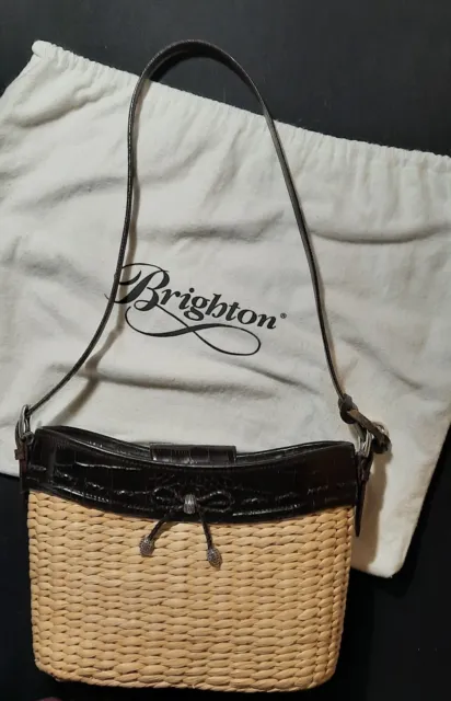 Brighton Straw Shoulder Bag with Croc Embossed Leather Trim Great Summer Purse!