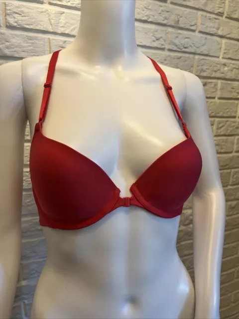 Victorias Secret Red Satin Lined Demi Bra Size 32D Strappy T-Back Front Close