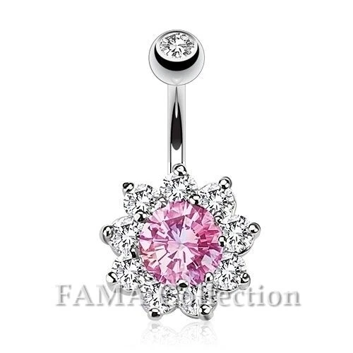 Beautiful FAMA Flower Multi CZ Prong Set Navel Belly Ring 316L Surgical Steel