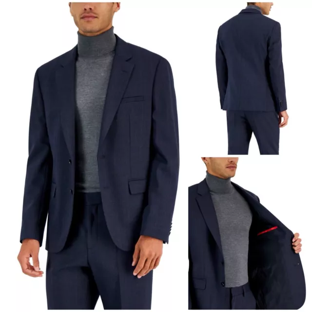 Hugo Boss Men's Modern-Fit New Stretch Wool Suit Jacket Navy Blue Plaid 42R