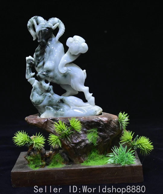 8" Old Chinese natural emerald jade carving Fengshui 12 Zodiac Year Sheep statue