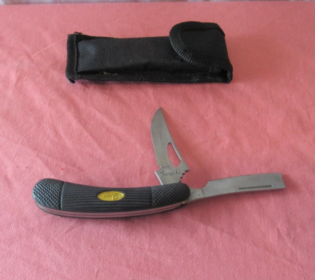 VINTAGE FURY DOUBLE Bladed Razor Pocket Knife With Rubber Grip Handle