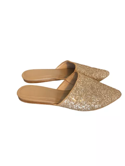 Joie Women’s Adiel Gold Glitter Leather Point Toe Slip On Mules Slides Flats 7