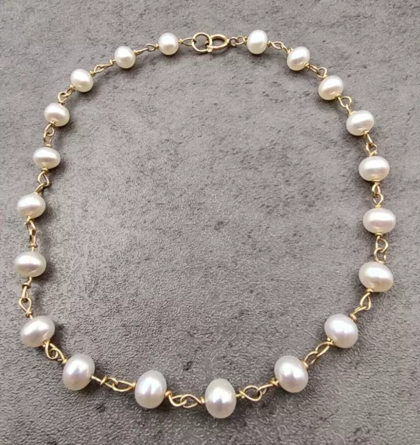 Estate 14K Yellow Gold Cultured Freshwater Pearl Station Bracelet or Anklet 9.5"