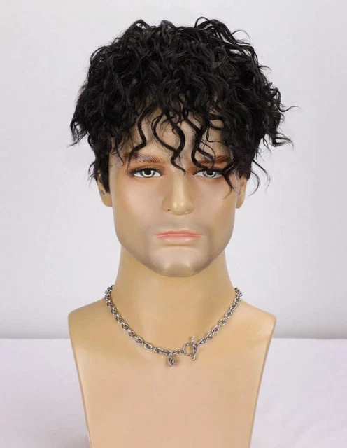 Perruque Homme Brune Courte Synthétique – Texturée Bouclée, Avec Frange – Neuf Sans étiquette