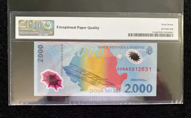 Romania 2000 Lei 1999 Pick# 111a PMG 67 EPQ Superb Gem UNC Banknote 2