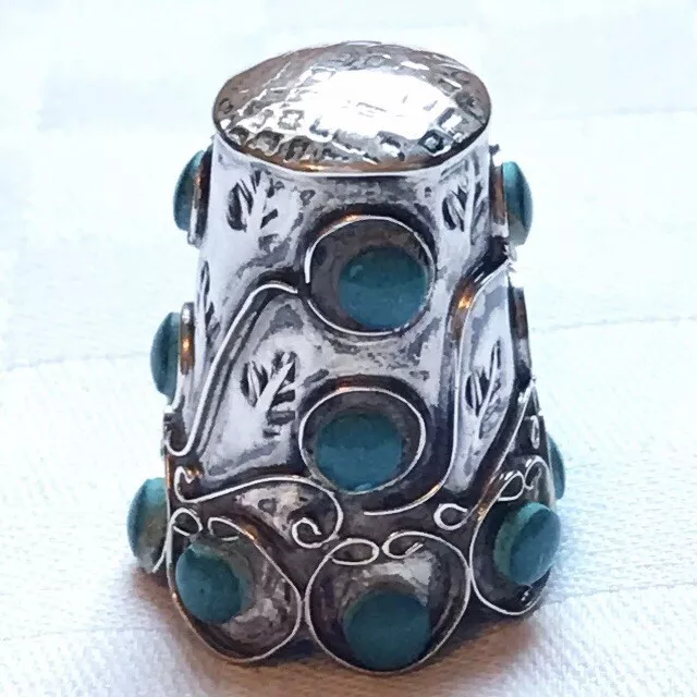 Mexican Solid 925 Silver Thimble With Turquoise Studs & Raised Detail FPJ TP-05