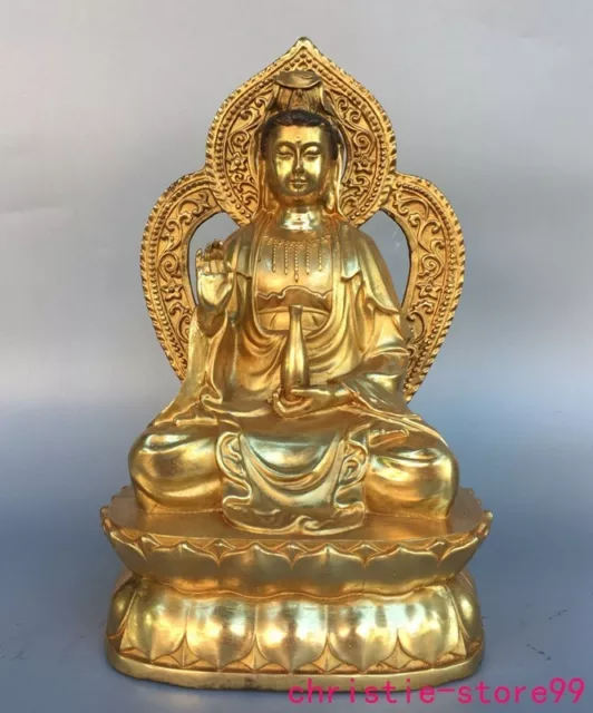 11" old China Buddhism temple bronze Gilt Kwan-Yin GuanYin Goddess Buddha statue