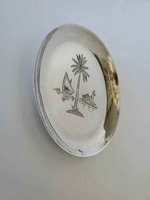 Vintage Small Hand Tooled Sterling Silver Ashtray 🌴 Palm Tree And Hut On Island