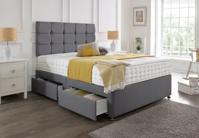 Luxury Grey Fabric Divan Bed Set With Mattress & Headboard 4Ft6 Double 5Ft King