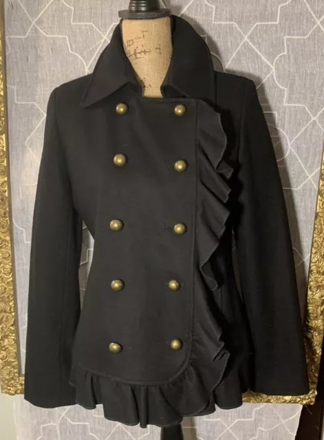 DKNY Black Double Breasted Coat w/ Ruffle Wool Blend Sz 6 Buttons Winter EUC