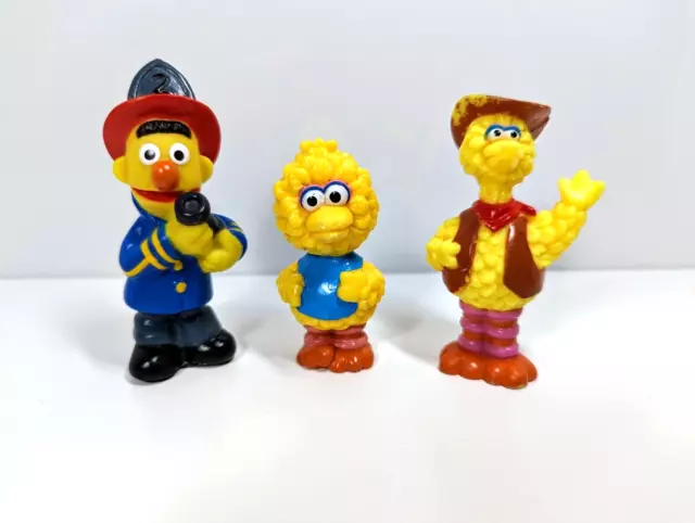 Vintage Lot Of 3 Sesame Street PVC Figures - Firefighter Bert & Baby & Big Bird