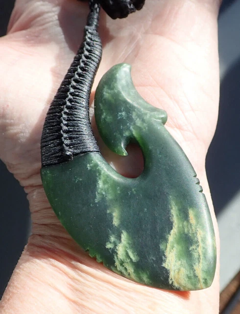 N Jerry Nz Pounamu Greenstone Rare Flower Jade Large Bound Maori Hei Matau  Hook
