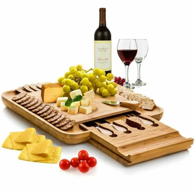 Bamboo Cheese Board with Cutlery Set, Wood Charcuterie Platter and Serving Meat