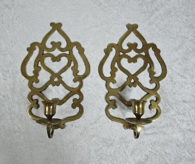 Solid Brass Candle Wall Sconces Hearts and Scrolls Ornate Set 2