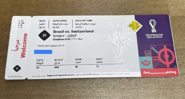 2022 FIFA World Cup Qatar Brazil vs Switzerland Match #31 Ticket Stub - Mint