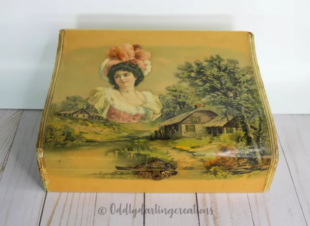 Antique Victorian Celluloid Lady Portrait Dresser Vanity Box