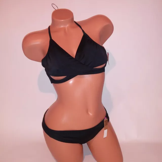 Victoria Secret PINK Swim Bikini Medium Top & Bottom Wrap Halter Solid Black