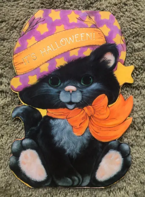 Vintage Halloween Green Eyed Black Kitty Cat Halloween Greeting Card, Hallmark