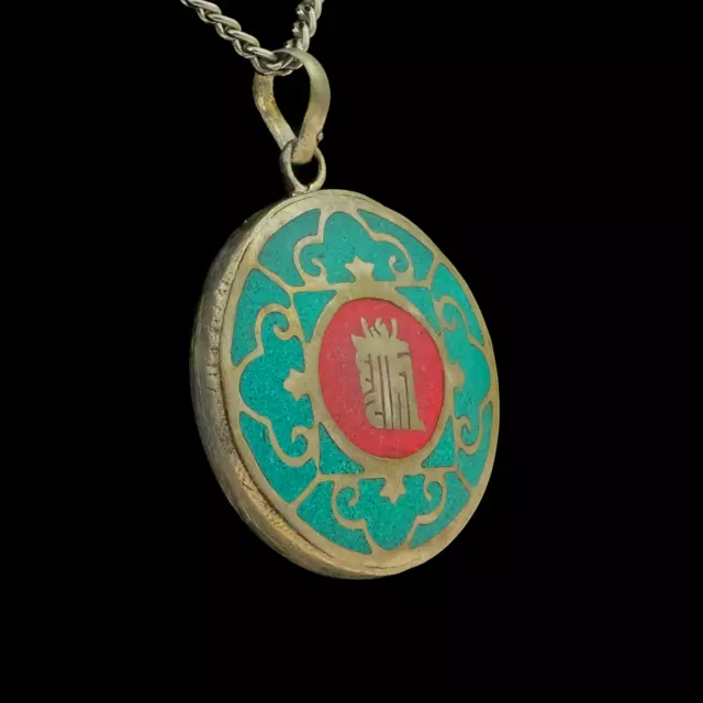 Pendentif Amulette Bouddhisme Kalachakra Rond Rouge Turquoise Mandala Vintage