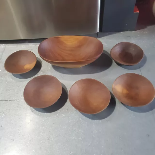 Vintage Hand-Carved WOODEN  BOWL SET Large 10" Serving +5 Bowls Shape Teak? MCM