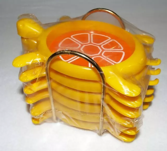 NOS 1967 6 Vintage MCM Retro Yellow Orange Turtle Flower Coasters Metal Holder