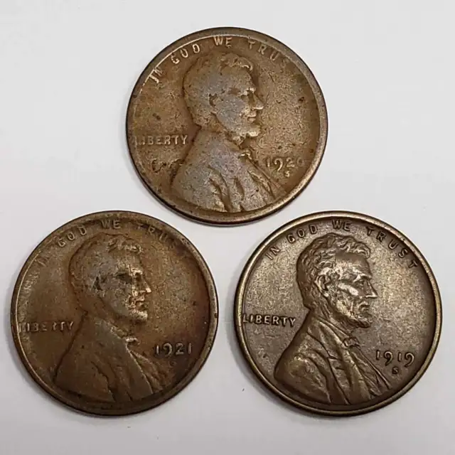 Lot of (3) 1919 1920 1921 S US Lincoln Wheat Penny 1c One Cent Coins ©LWP2138